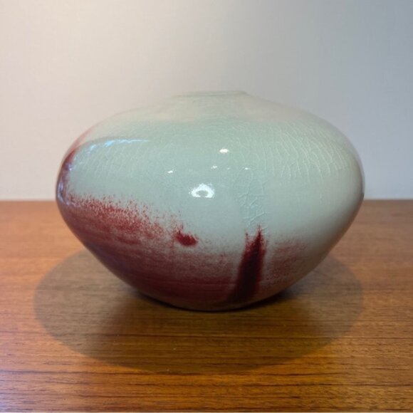 Vintage Studio Art Pottery Vase Signed 5” Redgrey Glossy Crackle Glaze MCM - Picture 8 of 12